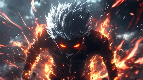 Fiery white haired warrior charging through burning storm.