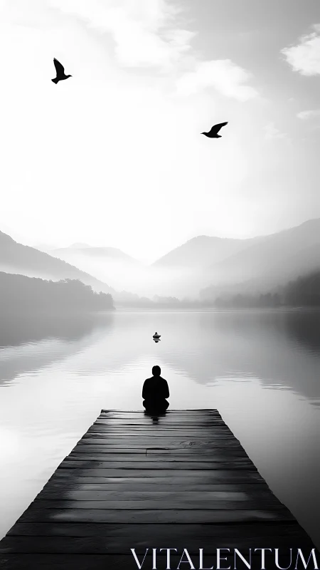 Monochrome lakeside pier with solitary figure and layered misty mountains