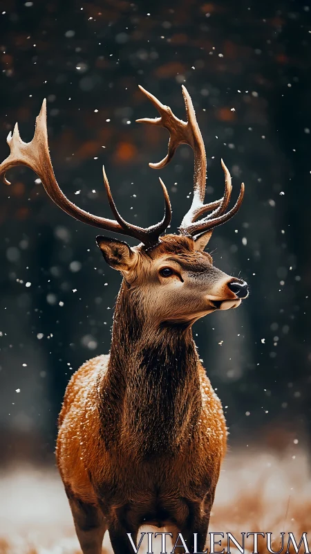 Male deer with antlers standing in winter snowfall outdoors.