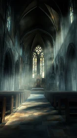 Silent cathedral nave bathed in ethereal morning light.