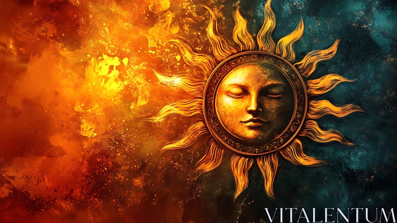 Radiant golden sun face emerges from turbulent cosmic nebula