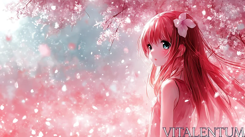 Blossom-kissed anime girl beneath a drifting petal sky.