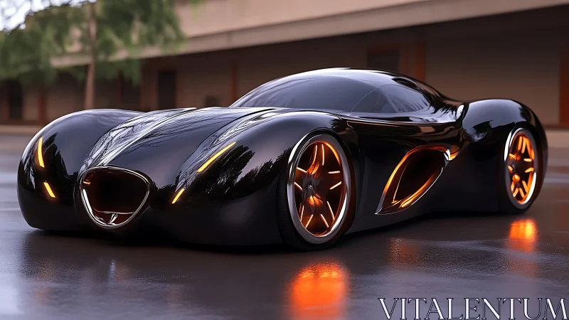 Aerodynamic obsidian hypercar with luminescent rim lighting.