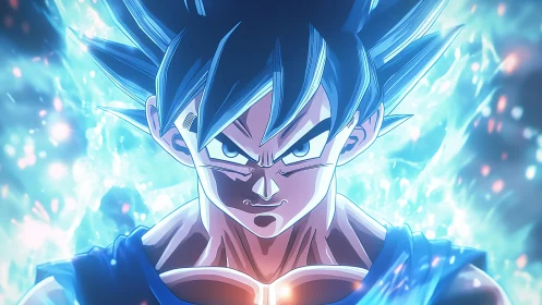 Anime warrior portrait radiates intense blue energy aura