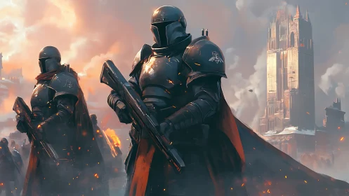 Armored sci fi knights guard burning gothic citadel
