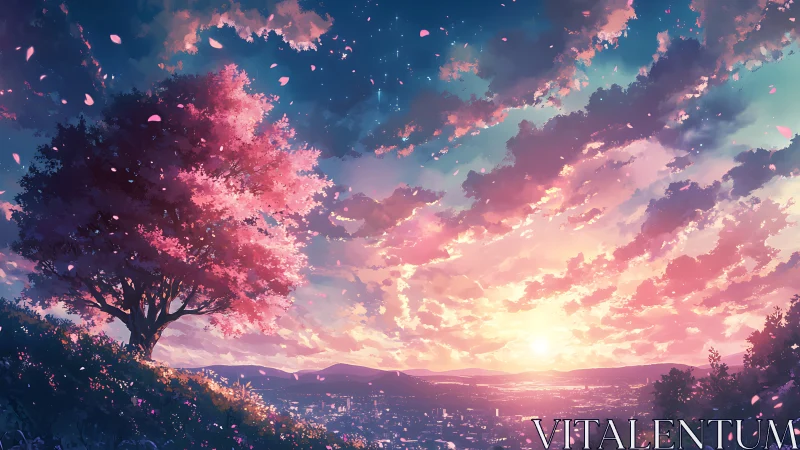 Solitary cherry tree overlooks luminous sunset cityscape