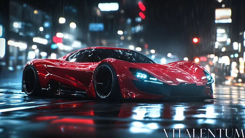 Red sports car sits low on wet city street at night