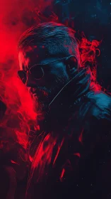 Moody neon portrait of man in sunglasses and leather coat.
