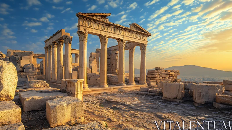 Ancient Greek temple ruins under low-angle evening light.
