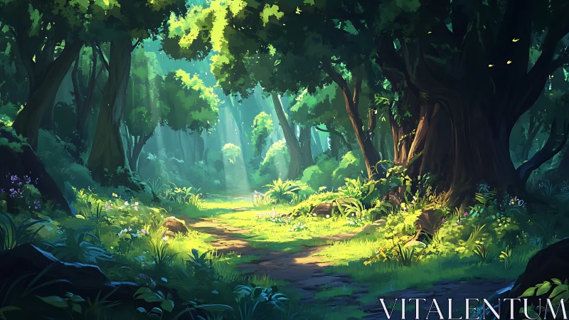 Enchanted Forest Grove with Sunlit Canopy.