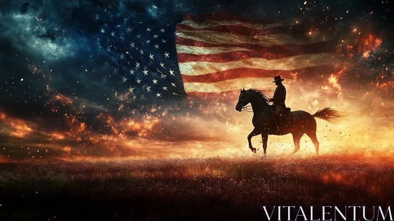 Equestrian silhouette under combustive American nebula sky.