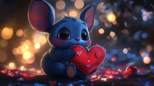 Adorable Blue Bunny Holding a Sparkling Red Heart