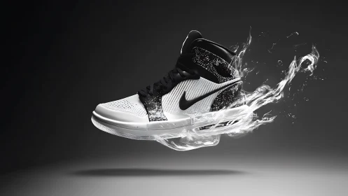 Dynamic monochrome sneaker suspended in fluid motion.
