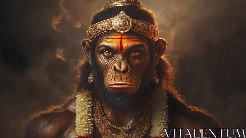 Regal humanoid ape deity portrait in warm dramatic light.