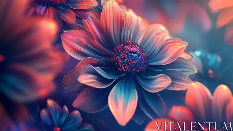 Glowing Flowers Dance in Dreamy Blue and Coral Light