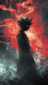Dark silhouette with fiery red aura in abstract storm