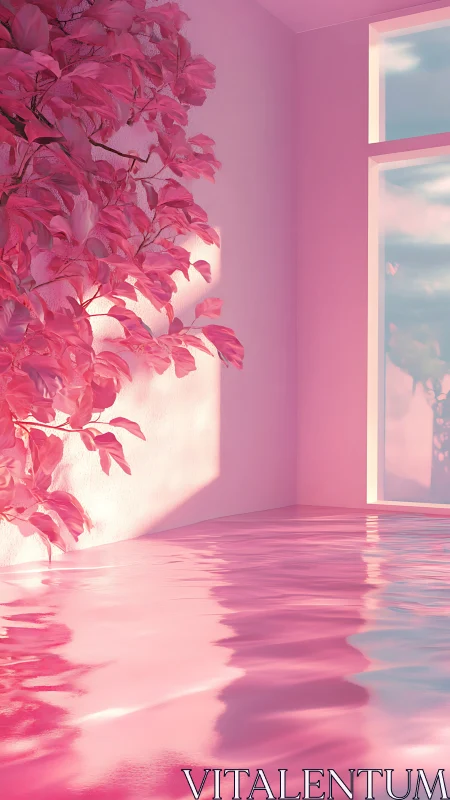 Monochrome pink interior pool with foliage and skylit reflection.