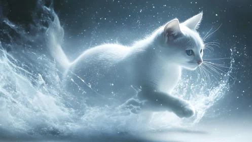 Luminous White Cat in Magical Winter Starfield.