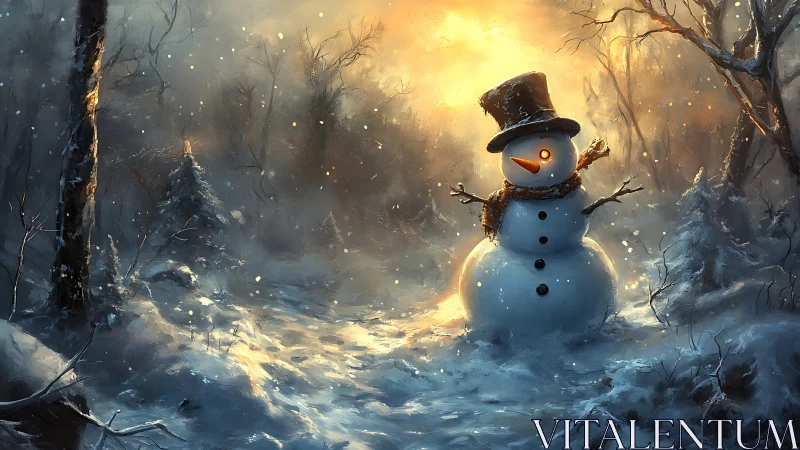 Snowman with glowing eye in a snowy winter forest at dusk.