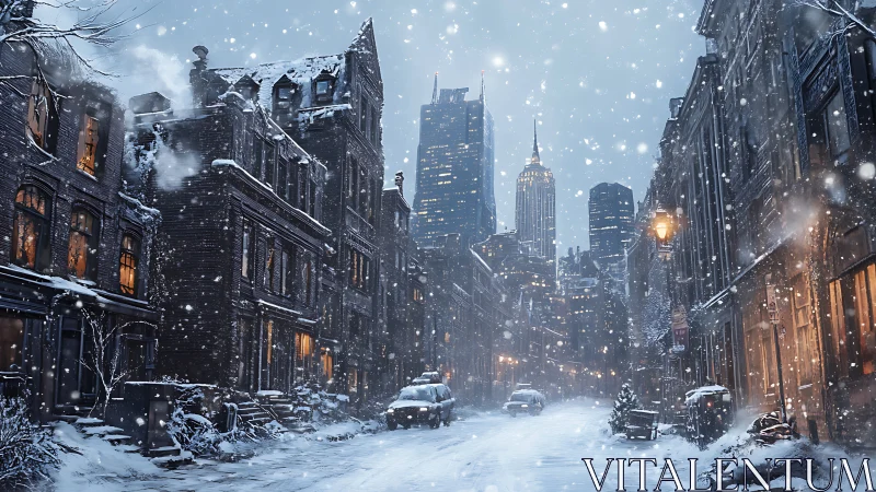 Winter urban street vista with cinematic depth perspective.