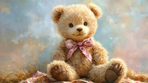Soft teddy bear portrait with pink floral ribbon bow.