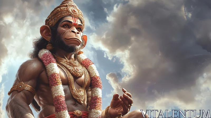Hyperreal digital rendering of Hanuman with garland and clouds