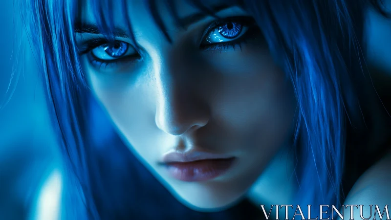 Blue neon gaze of a cyber siren in icy close-up focus.
