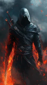 Hooded fire assassin emerges from embers and shadowed storm.