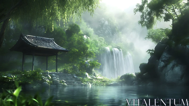 Shaded riverside pavilion facing tiered waterfall in mist