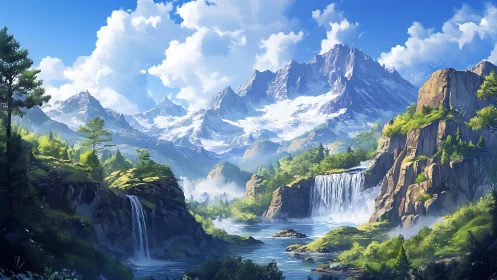 Snowy mountain range with waterfalls in bright daylight.