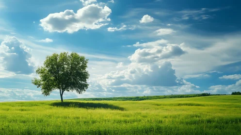 Solitary tree anchors luminous meadow under expansive sky