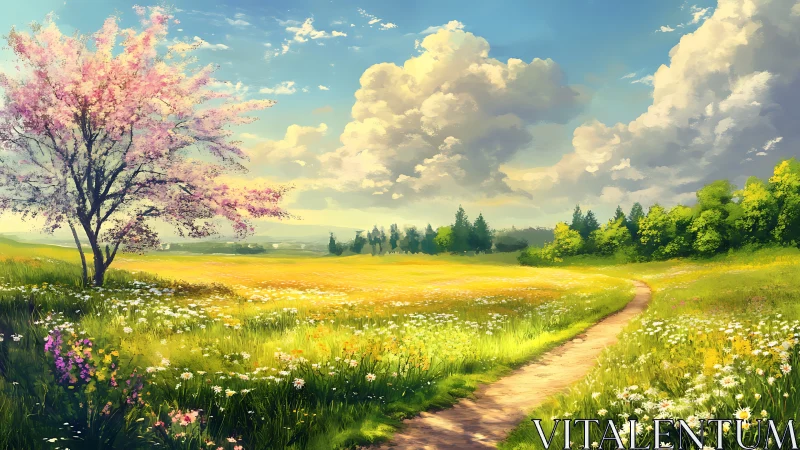 Spring meadow path under luminous clouds and blossom tree.