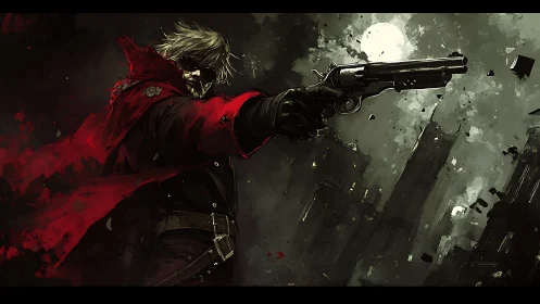 Gunman in crimson cloak aims revolver across ruined city.