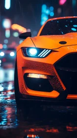 Orange sports car nose in neon city rain at night scene.