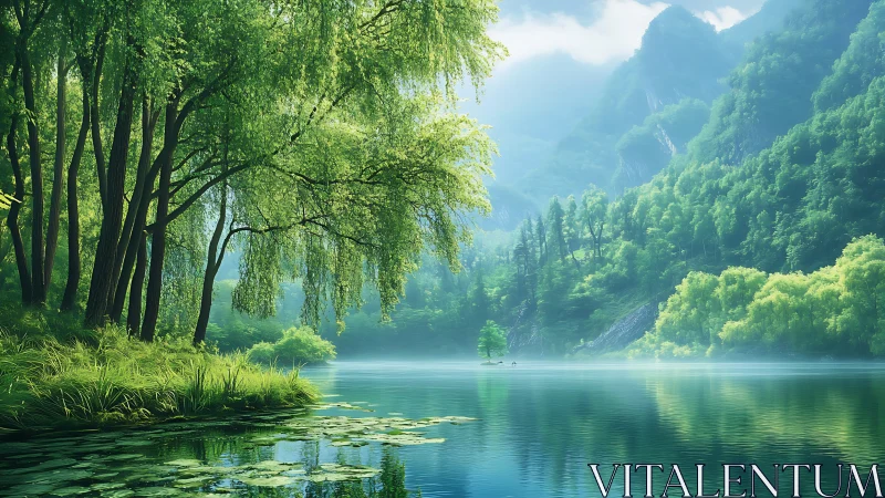 Lush riparian forest reflects in still alpine lake under soft haze