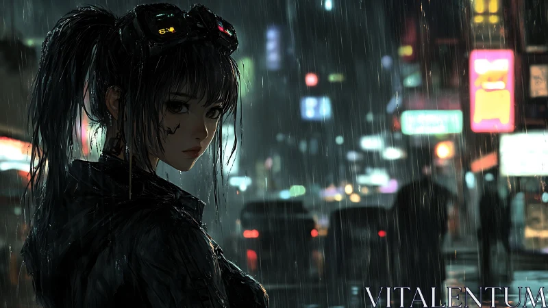 Cyberpunk girl studies neon city street under heavy rain