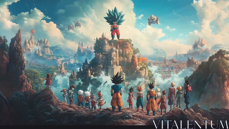 Sky-crowned warrior overlooks gathered heroes in soaring valley.