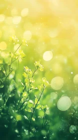 Sunlit green sprigs beneath glowing bokeh haze.