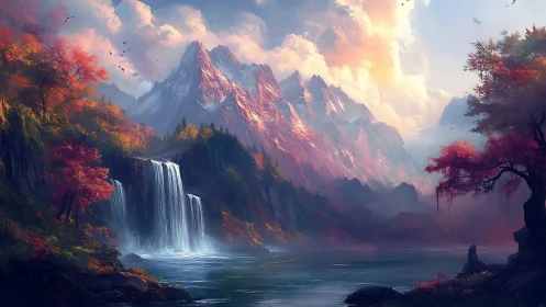 Digital landscape shows waterfall, lake and distant mountains