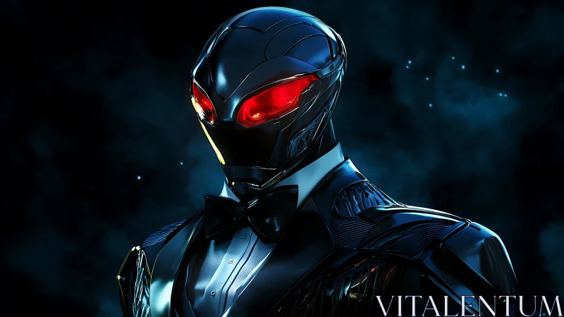 Midnight tuxedo cyborg with ember eyes in deep starlight.