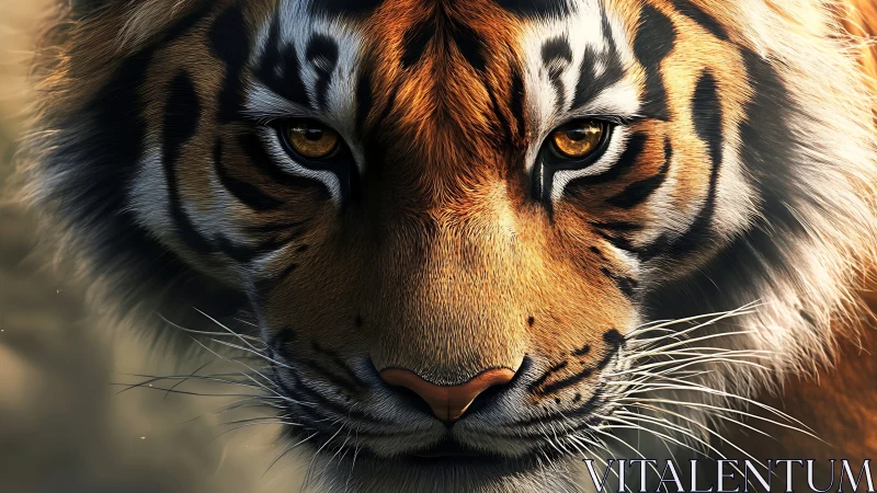 Close frontal view of tiger face with detailed fur texture.