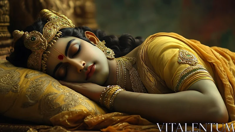 Sleeping jeweled figure rests on ornate golden cushion
