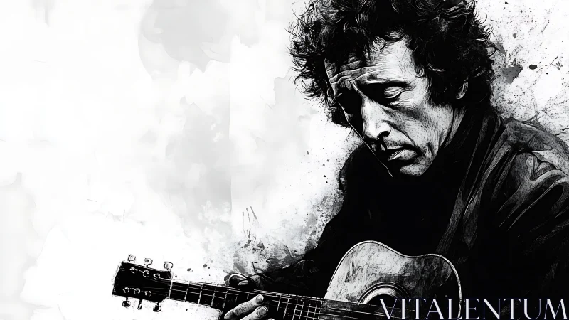 Monochrome portrait of guitarist in loose ink style rendering.