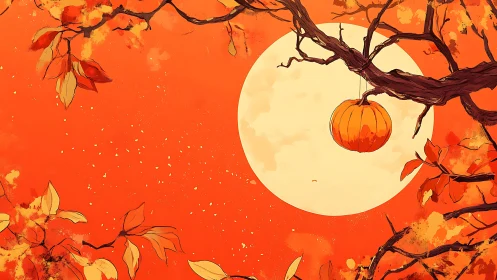 Pumpkin hangs from tree branch before large full moon