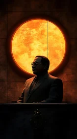 Backlit suited figure before circular sunlit aperture