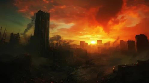 Post-apocalyptic urban skyline under intense orange sunset.
