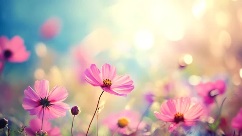 Pink Cosmos Flowers in Soft Bokeh Sunrise.