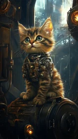 Cyberpunk biomech kitten portrait in industrial cockpit.
