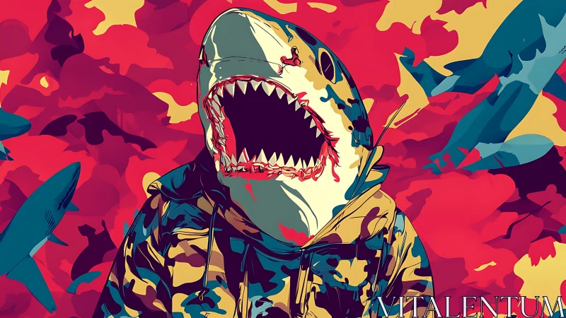 Shark headed hoodie figure amid stylized swimming sharks.