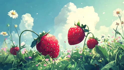 Giant strawberries rise above meadow under bright summer sky